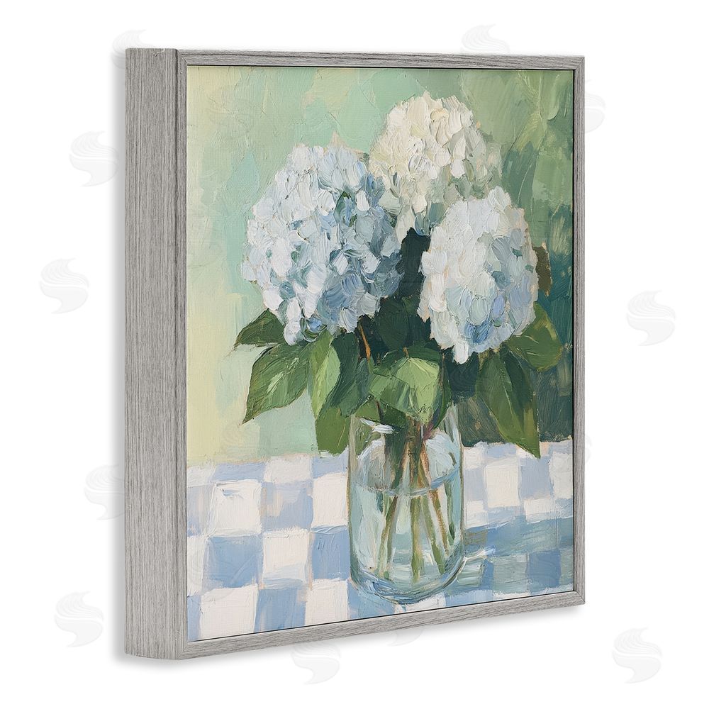 Petal Prints Design Hydrangea Picnic on Checkered Gray Framed Giclee Wall Art