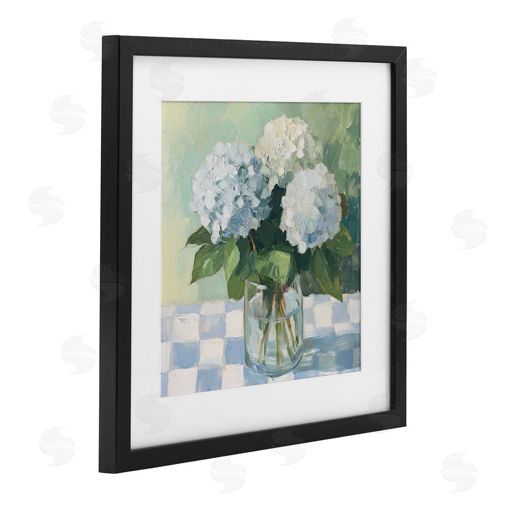 Petal Prints Design Hydrangea Picnic on Checkered Black Framed Print Under Glass Wall Art