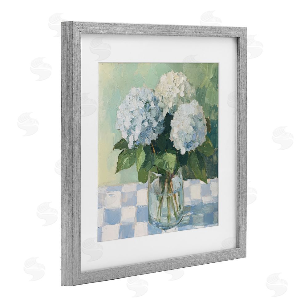 Petal Prints Design Hydrangea Picnic on Checkered Gray Framed Print Under Glass Wall Art