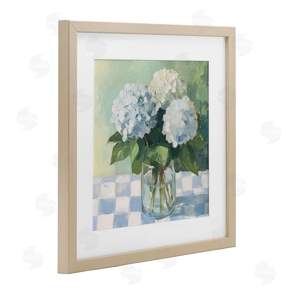 Petal Prints Design Hydrangea Picnic on Checkered Brown Framed Print Under Glass Wall Art