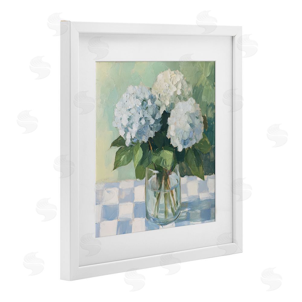 Petal Prints Design Hydrangea Picnic on Checkered White Framed Print Under Glass Wall Art