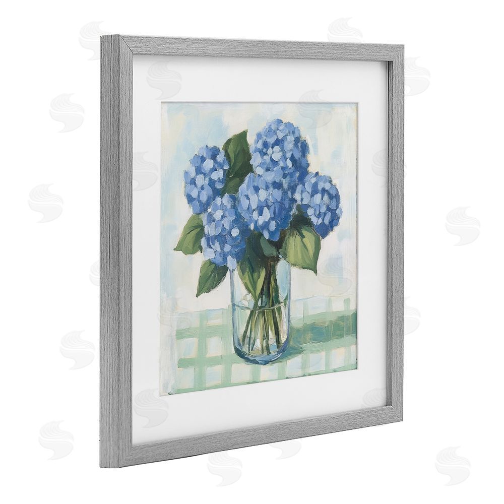 Petal Prints Design Quaint Picnic Hydrangeas Gray Framed Print Under Glass Wall Art