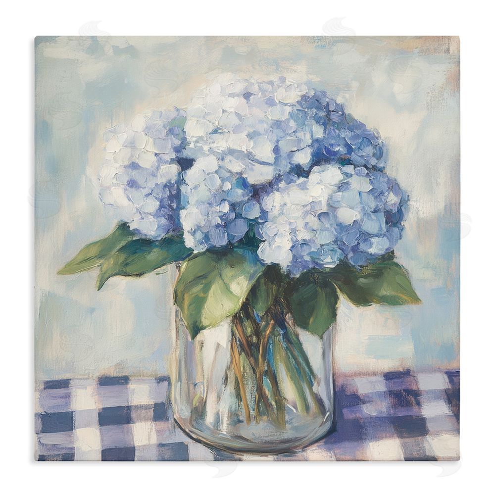 Petal Prints Design Hydrangeas on Gingham Tablecloth Stretched Canvas Wall Art