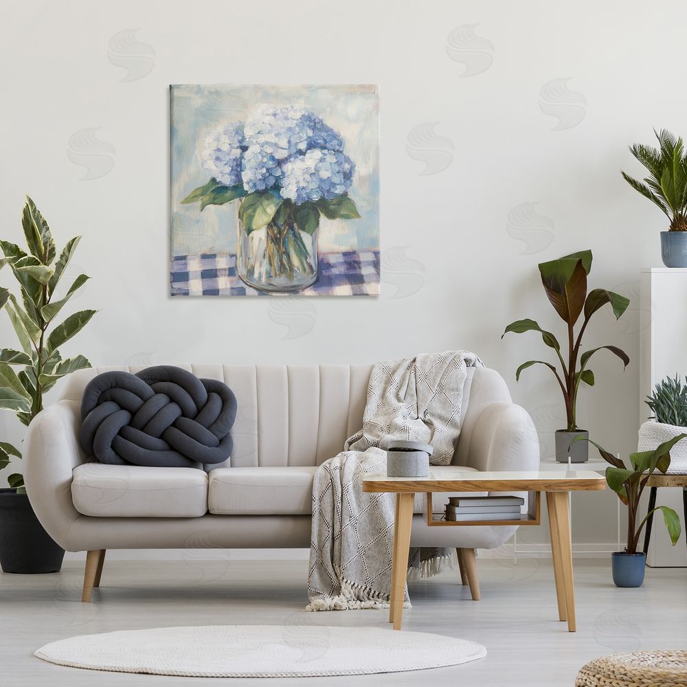 Petal Prints Design Hydrangeas on Gingham Tablecloth Stretched Canvas Wall Art in Room