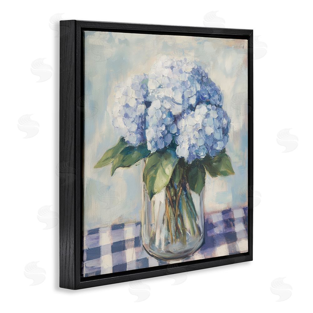 Petal Prints Design Hydrangeas on Gingham Tablecloth Black Floating Framed Canvas Wall Art