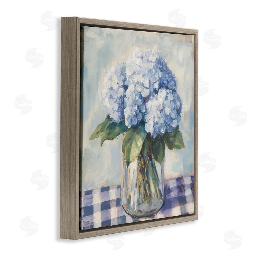 Petal Prints Design Hydrangeas on Gingham Tablecloth Brown Floating Framed Canvas Wall Art