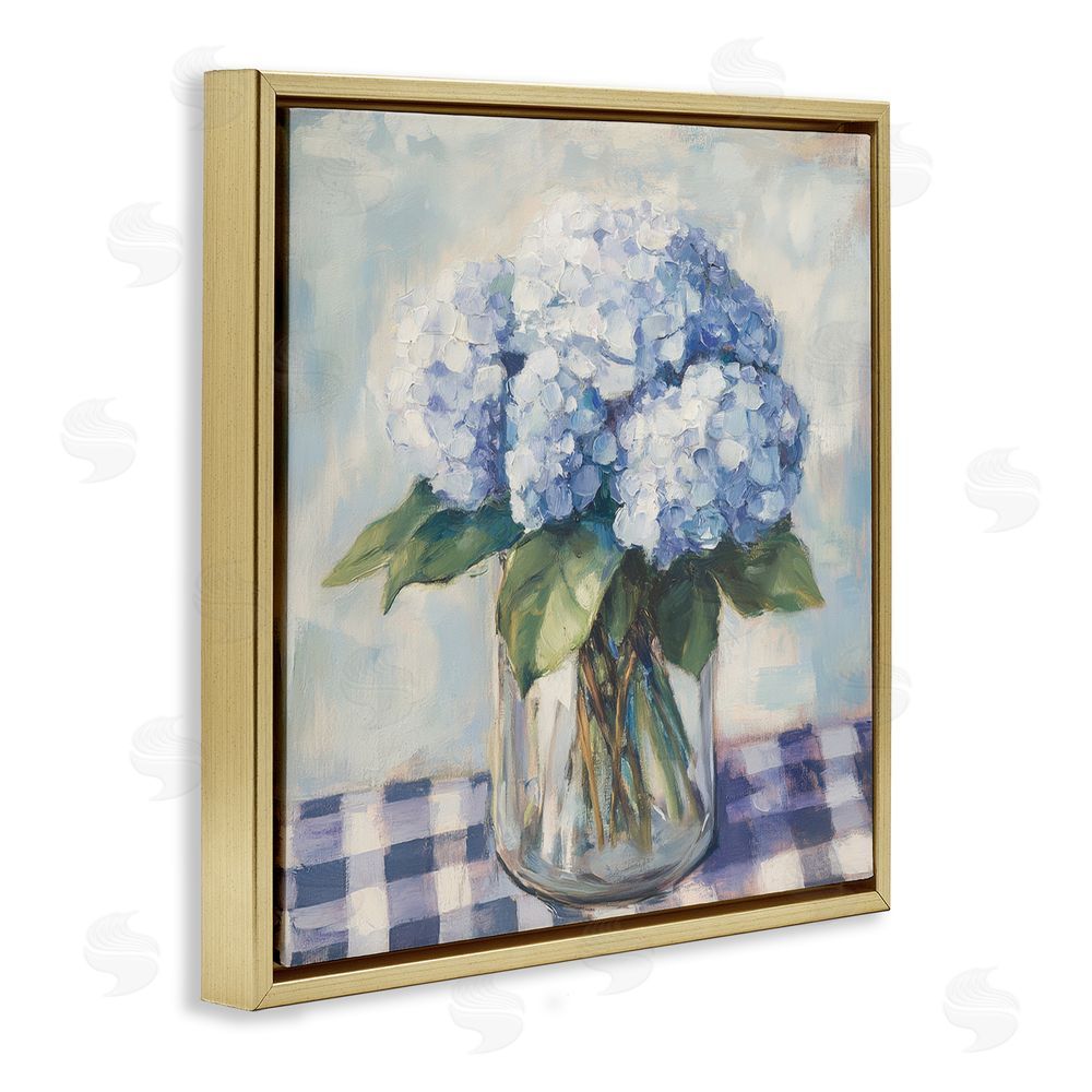 Petal Prints Design Hydrangeas on Gingham Tablecloth Gold Floating Framed Canvas Wall Art