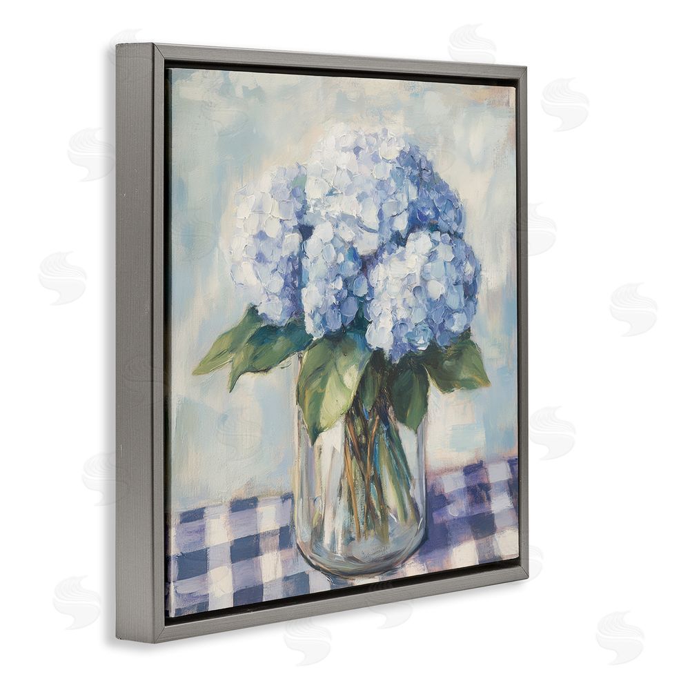 Petal Prints Design Hydrangeas on Gingham Tablecloth Gray Floating Framed Canvas Wall Art