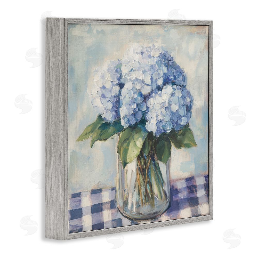 Petal Prints Design Hydrangeas on Gingham Tablecloth Gray Framed Giclee Wall Art