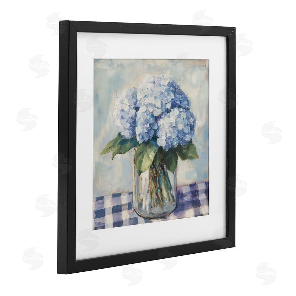 Petal Prints Design Hydrangeas on Gingham Tablecloth Black Framed Print Under Glass Wall Art
