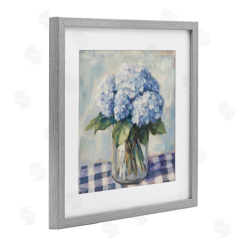 Petal Prints Design Hydrangeas on Gingham Tablecloth Gray Framed Print Under Glass Wall Art