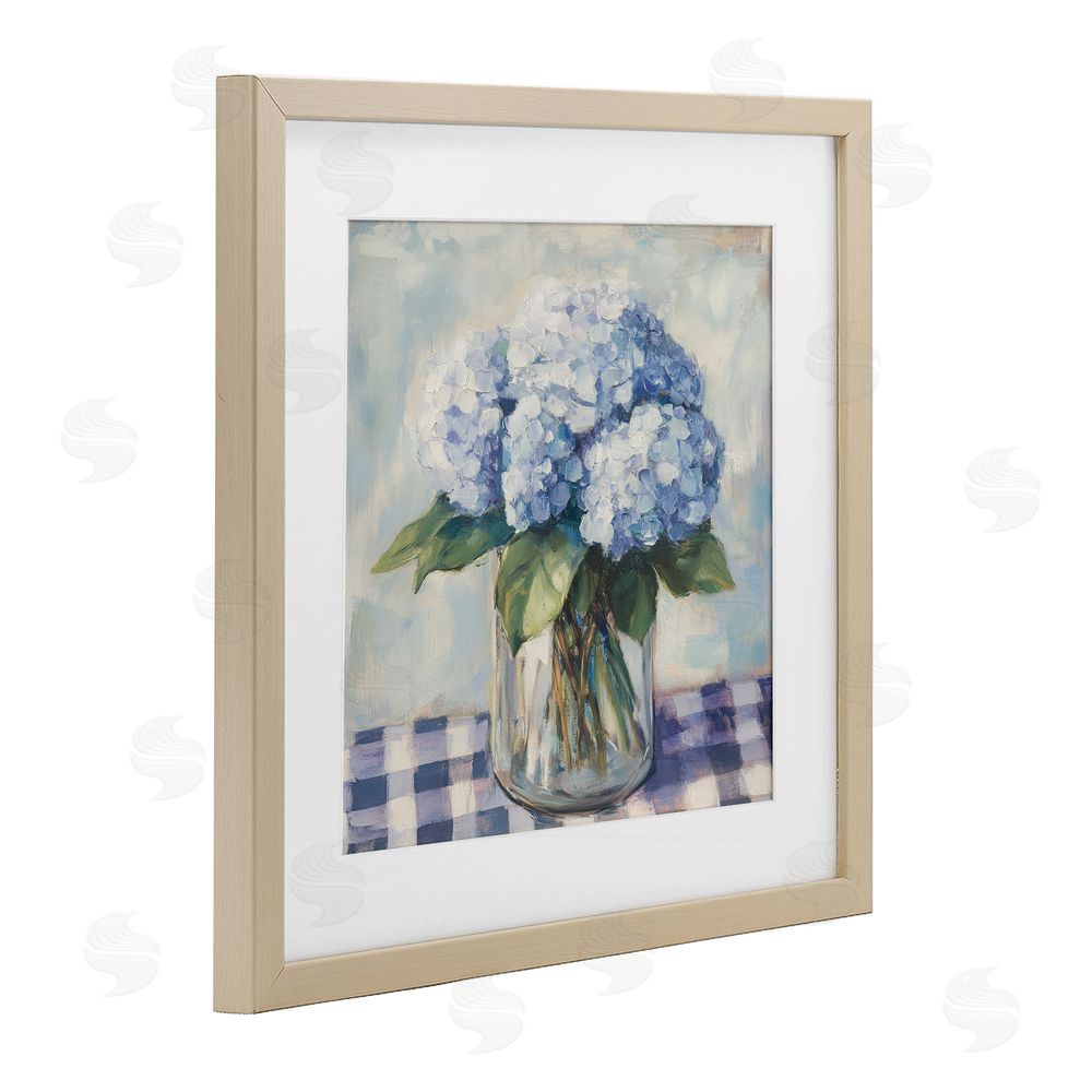 Petal Prints Design Hydrangeas on Gingham Tablecloth Brown Framed Print Under Glass Wall Art