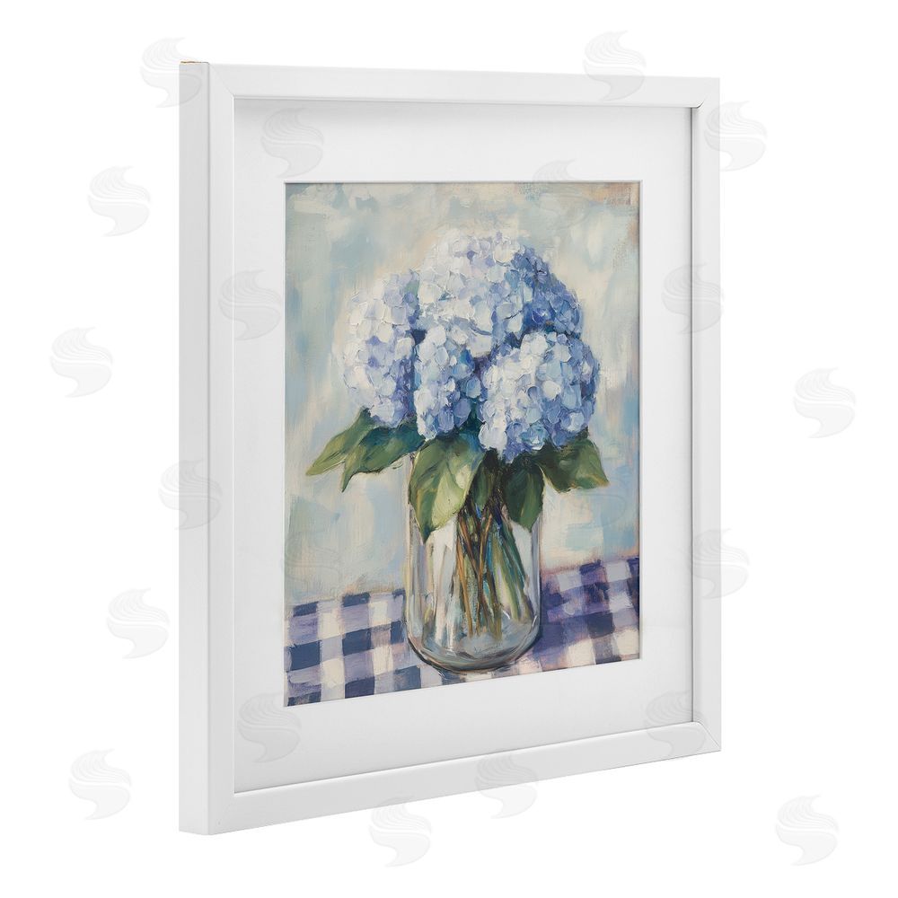 Petal Prints Design Hydrangeas on Gingham Tablecloth White Framed Print Under Glass Wall Art