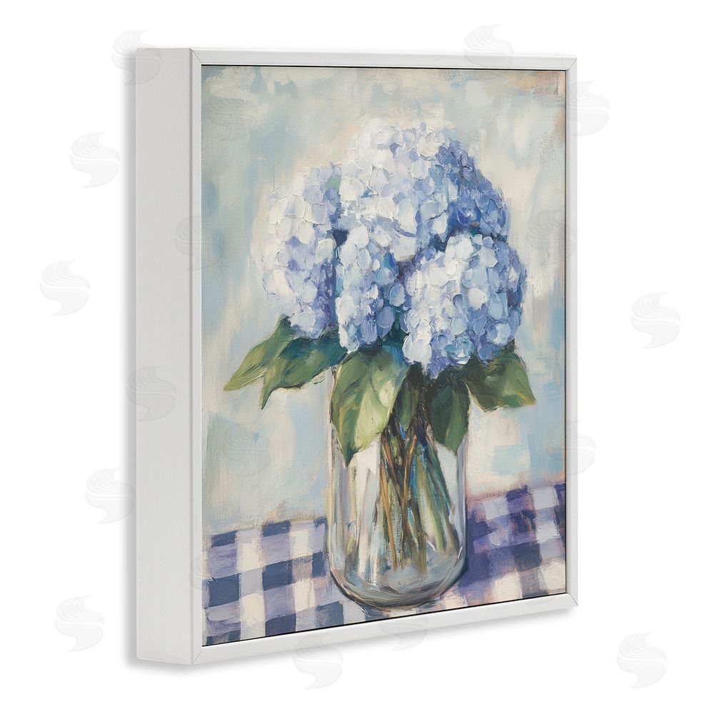 Petal Prints Design Hydrangeas on Gingham Tablecloth White Framed Giclee Wall Art