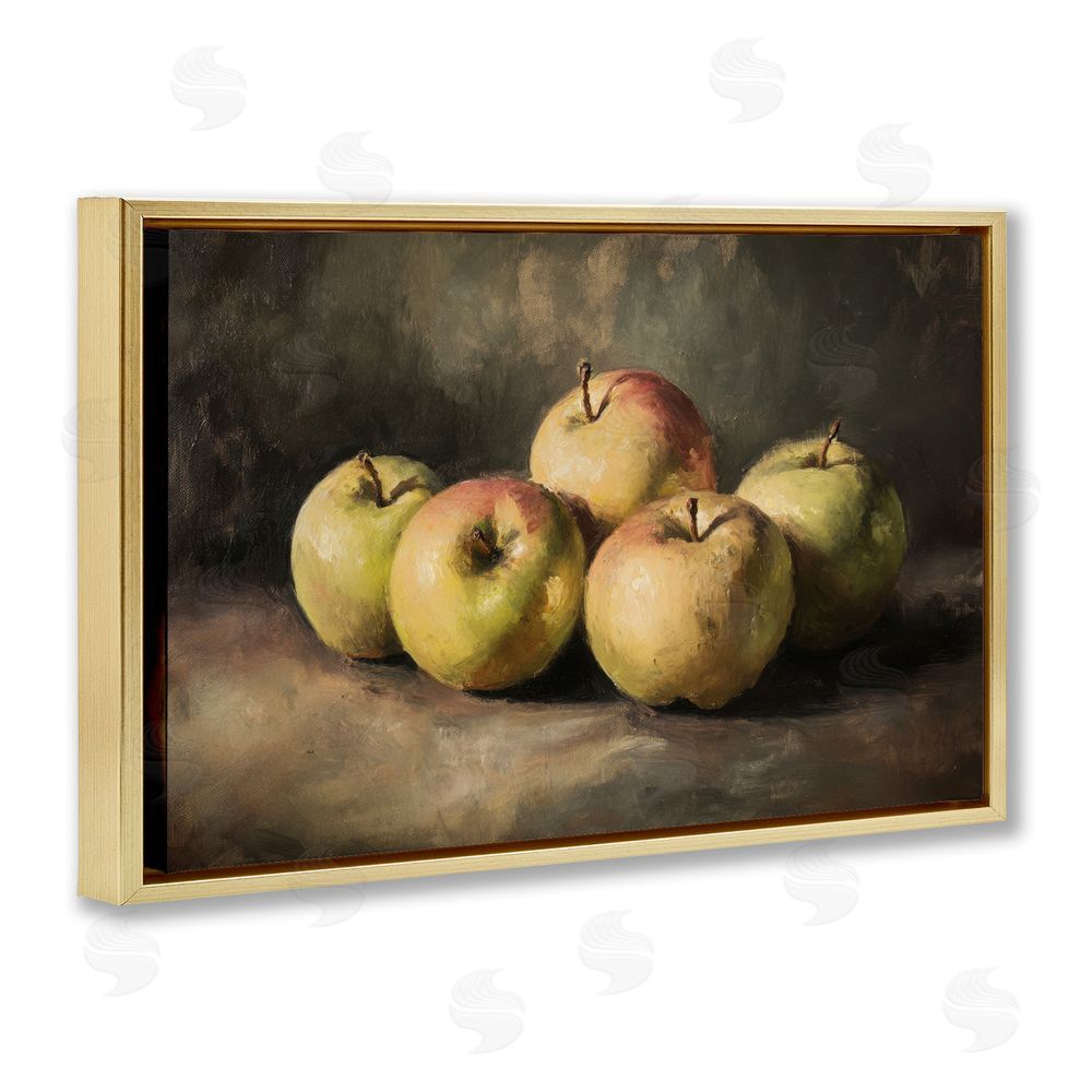 Petal Prints Design Apples in Soft Shadow Gold Floating Frame Stretched Canvas Wall Art Print