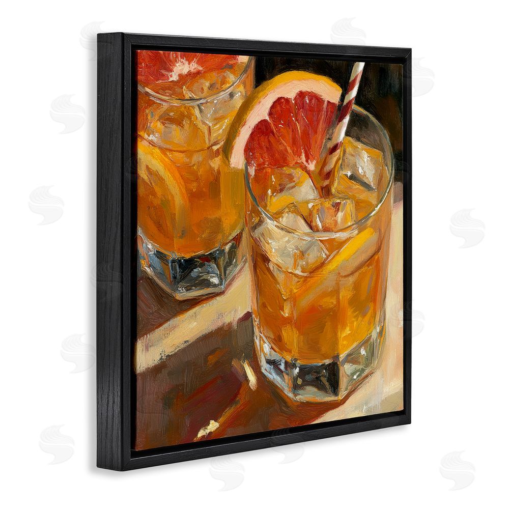 Petal Prints Design Grapefruit Cocktail with Ice Cubes Black Floating Framed Canvas Wall Art