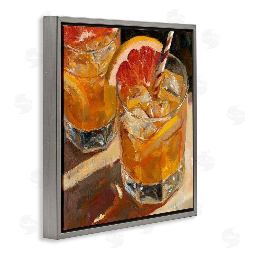 Petal Prints Design Grapefruit Cocktail with Ice Cubes Gray Floating Framed Canvas Wall Art