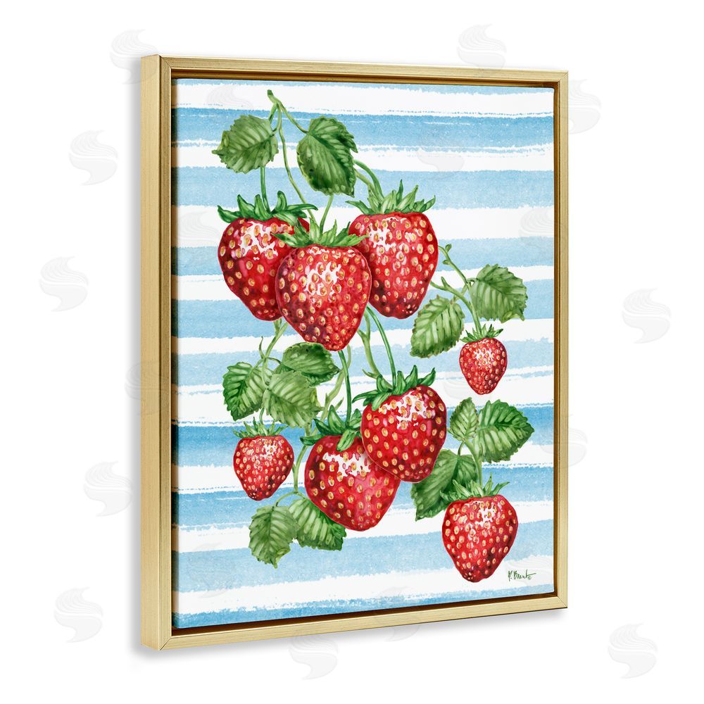 Paul Brent Juicy Strawberry Vine on Stripes Gold Floating Framed Canvas Wall Art