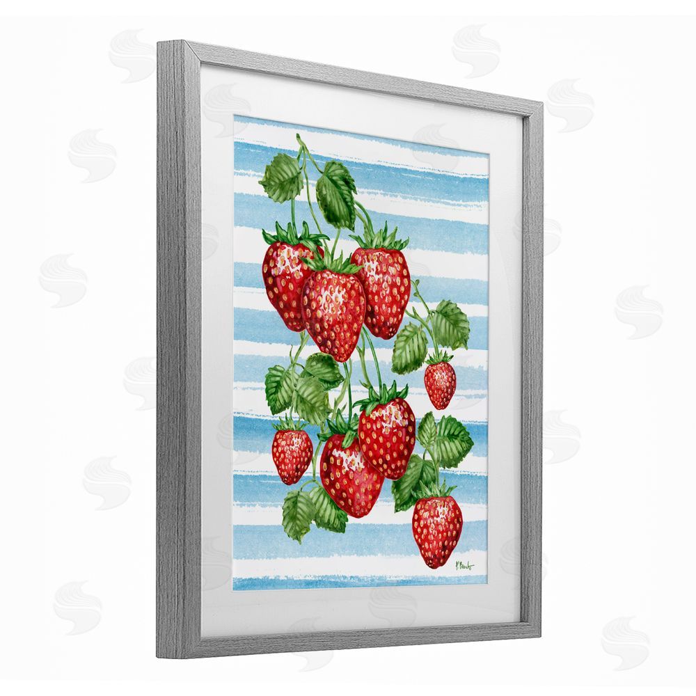 Paul Brent Juicy Strawberry Vine on Stripes Gray Framed Print Under Glass Wall Art