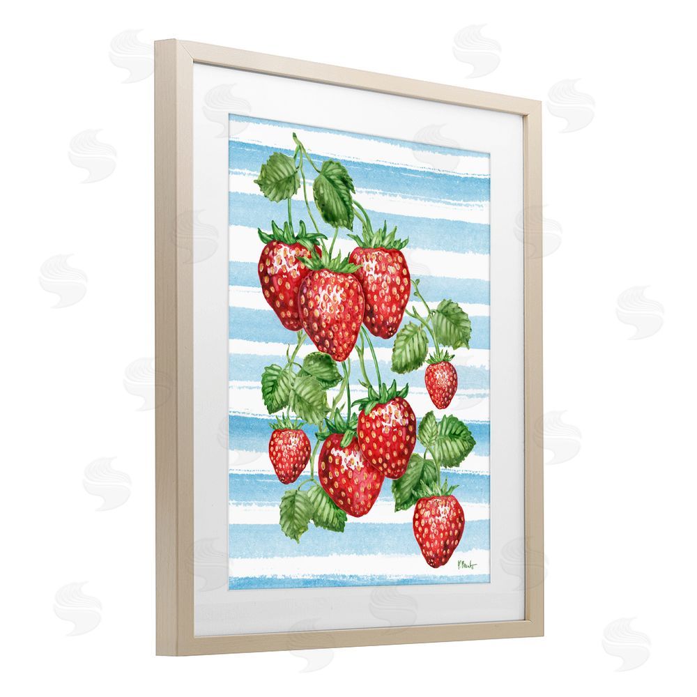 Paul Brent Juicy Strawberry Vine on Stripes Brown Framed Print Under Glass Wall Art