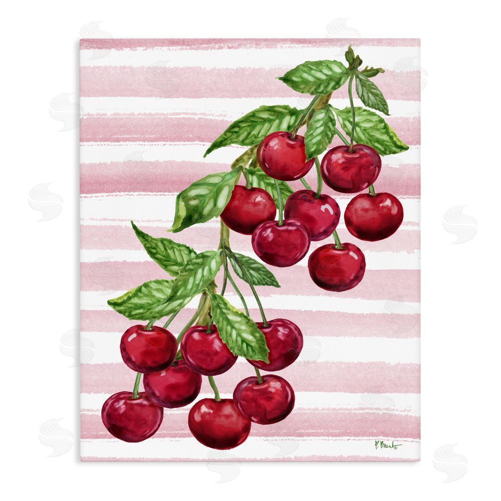 Paul Brent Juicy Cherry Vine on Stripes Stretched Canvas Wall Art