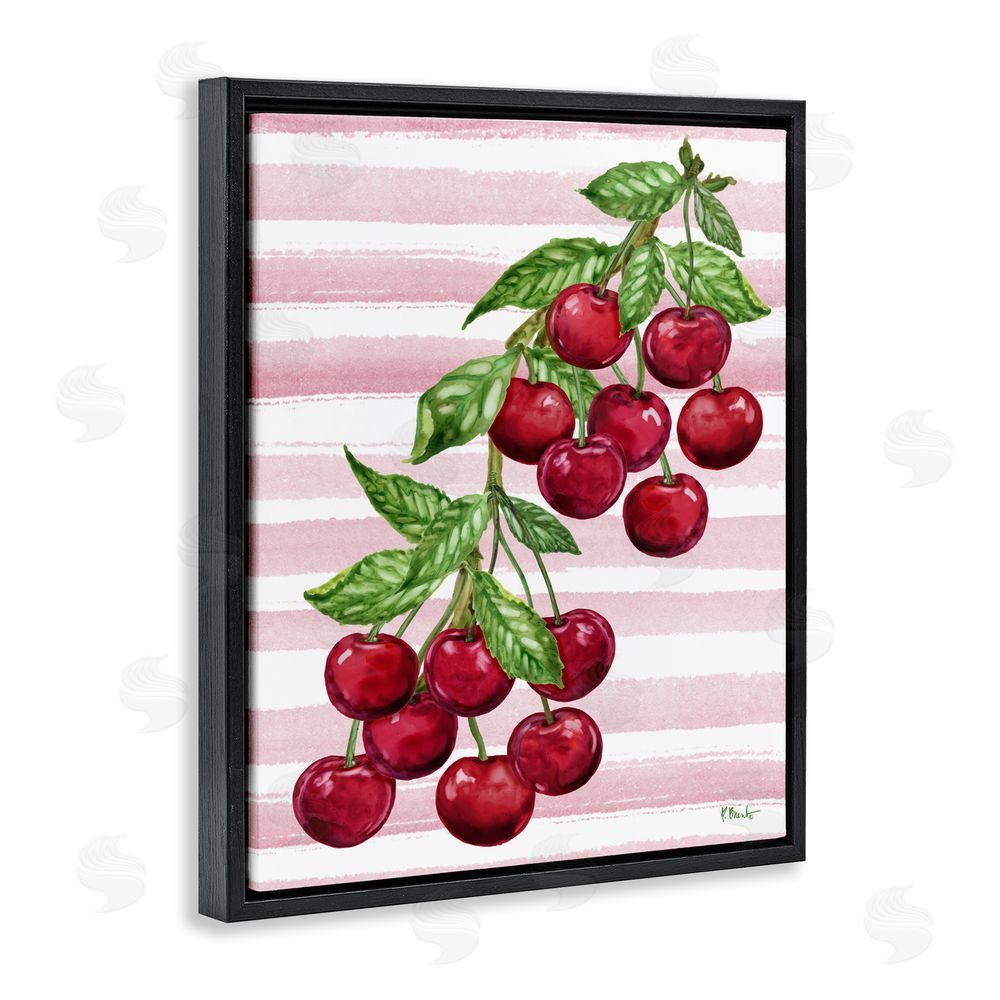 Paul Brent Juicy Cherry Vine on Stripes Black Floating Framed Canvas Wall Art