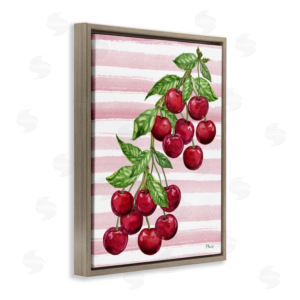 Paul Brent Juicy Cherry Vine on Stripes Brown Floating Framed Canvas Wall Art