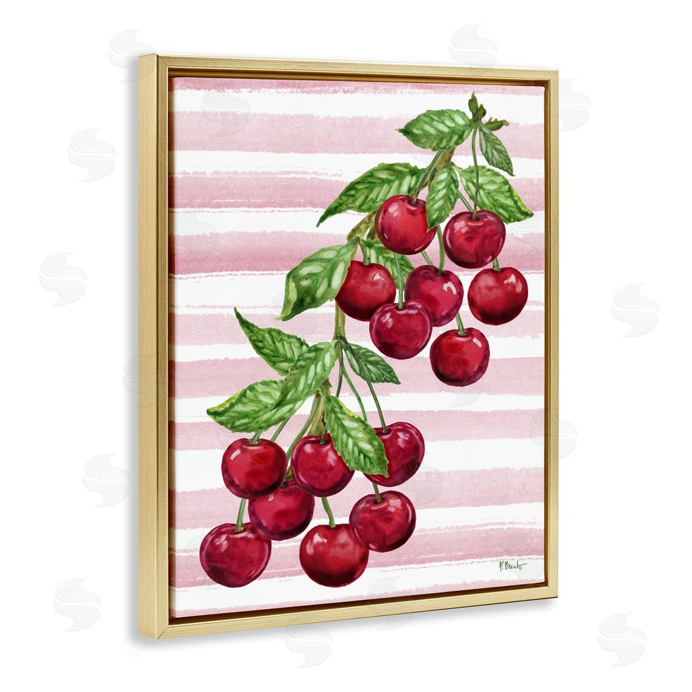 Paul Brent Juicy Cherry Vine on Stripes Gold Floating Framed Canvas Wall Art