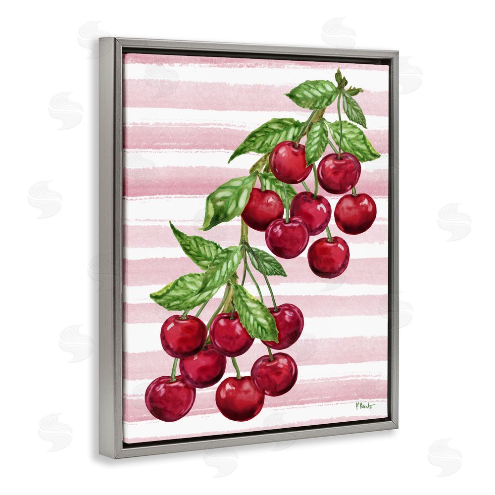 Paul Brent Juicy Cherry Vine on Stripes Gray Floating Framed Canvas Wall Art