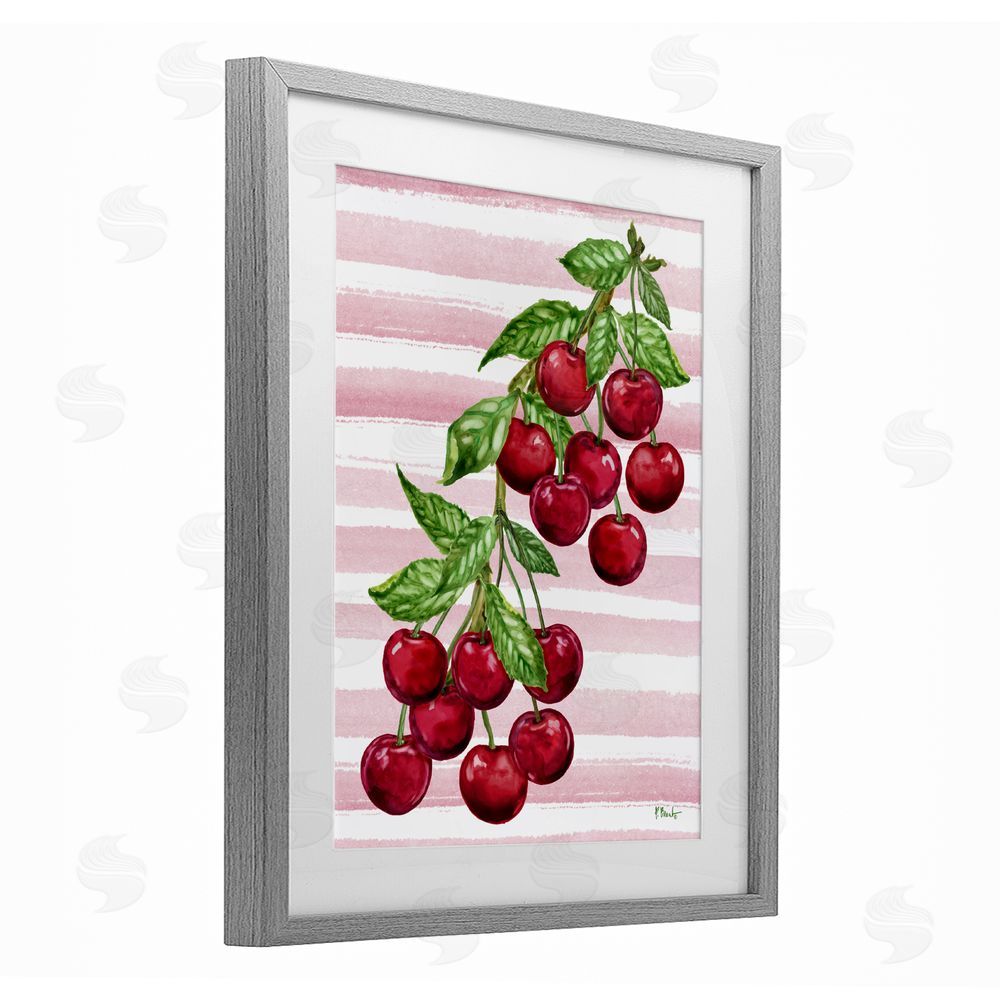 Paul Brent Juicy Cherry Vine on Stripes Gray Framed Print Under Glass Wall Art