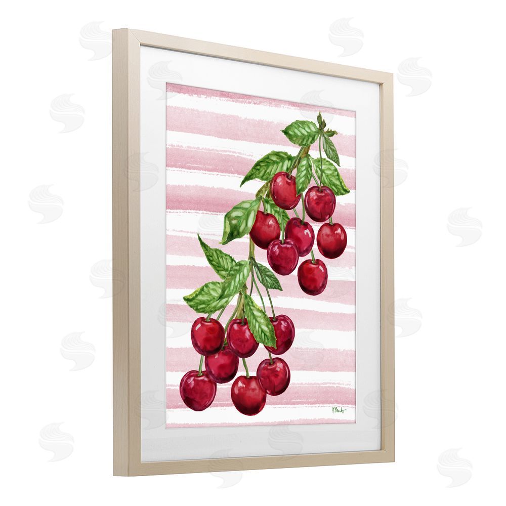 Paul Brent Juicy Cherry Vine on Stripes Brown Framed Print Under Glass Wall Art