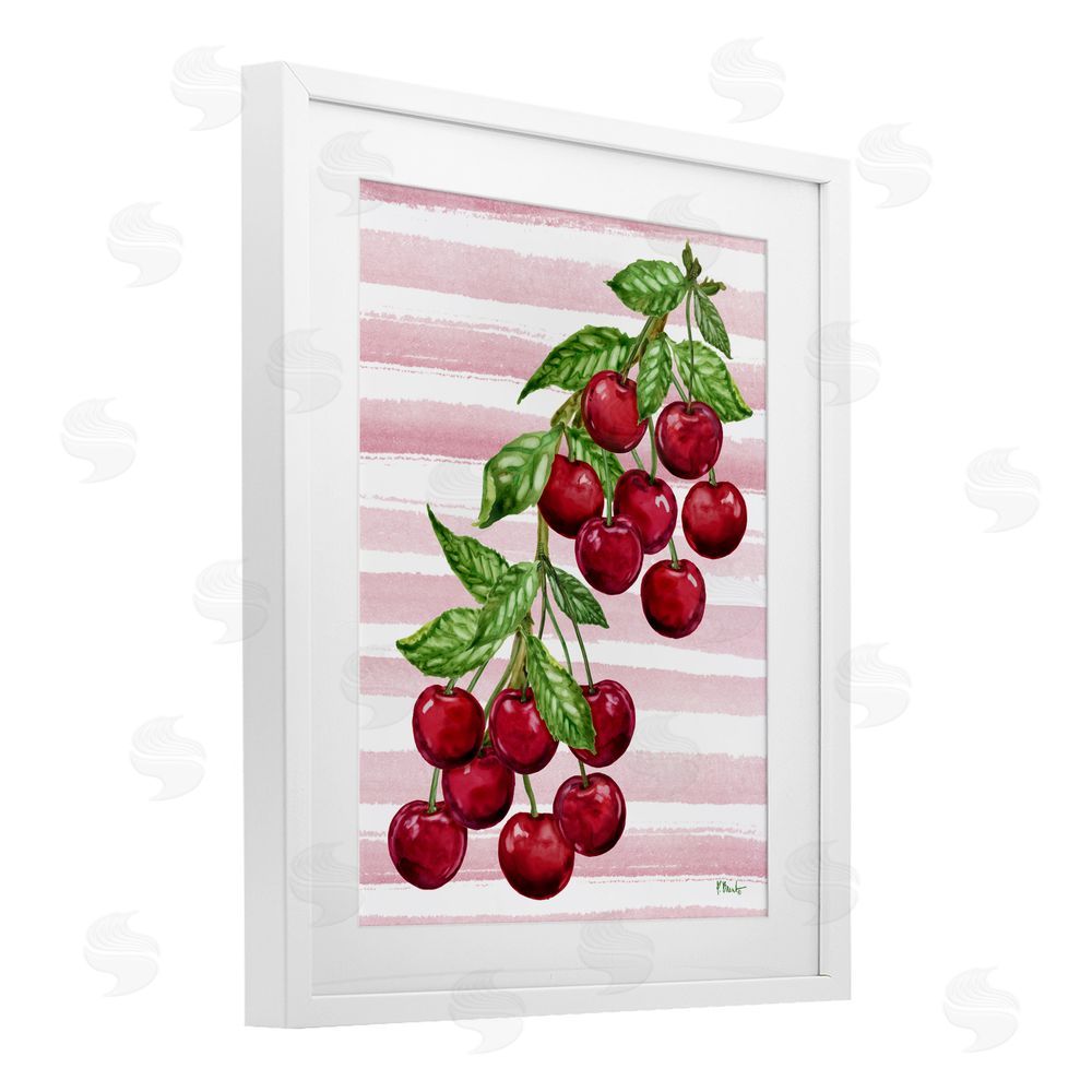 Paul Brent Juicy Cherry Vine on Stripes White Framed Print Under Glass Wall Art