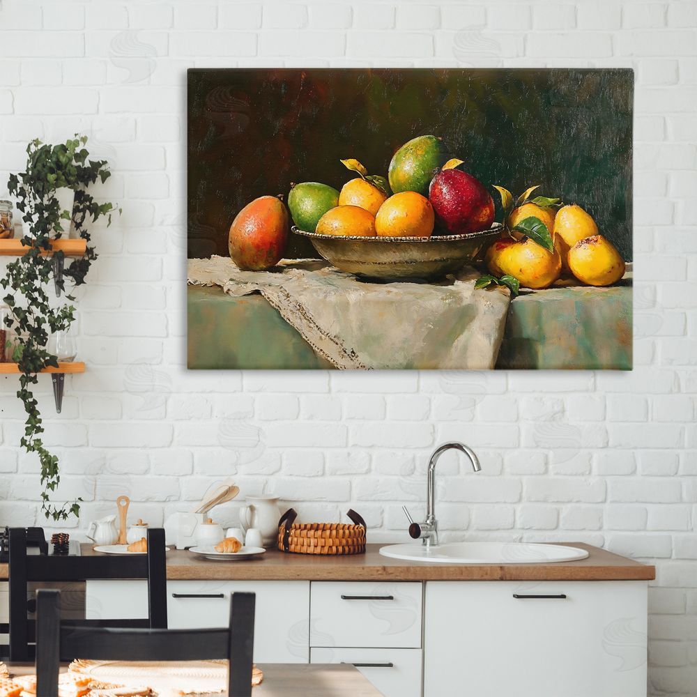 Creative Studio Fancy Table Fruit Arrangement Stretched Canvas Wall Art in Room