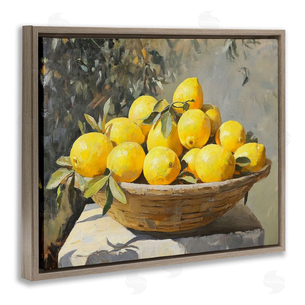 Creative Studio Basket of Lemons in Sunlight Brown Floating Frame Stretched Canvas Wall Art Print