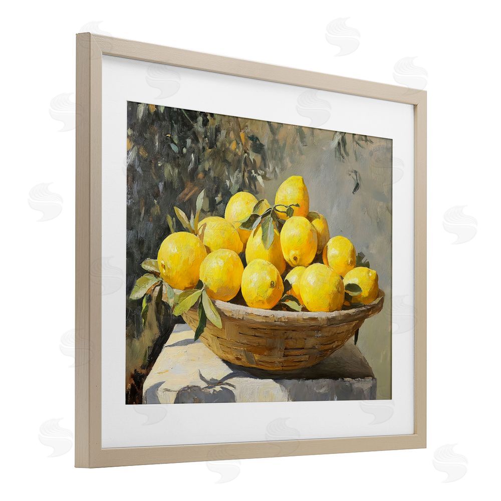 Creative Studio Basket of Lemons in Sunlight Brown Framed Print Under Glass with Matting Wall Art