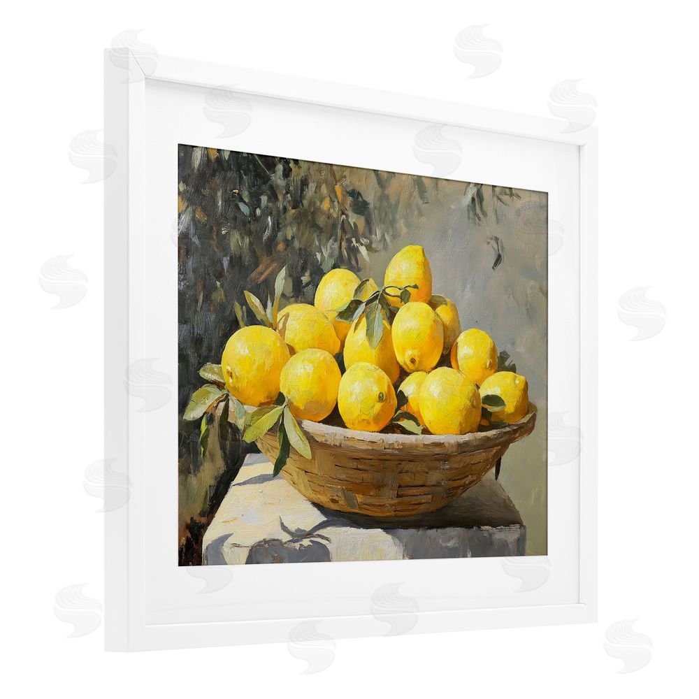 Creative Studio Basket of Lemons in Sunlight White Framed Print Under Glass with Matting Wall Art