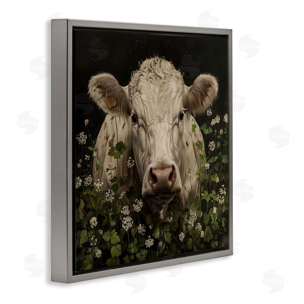 Creative Studio Cow in the Green Meadow Gray Floating Frame Canvas Wall Art Print