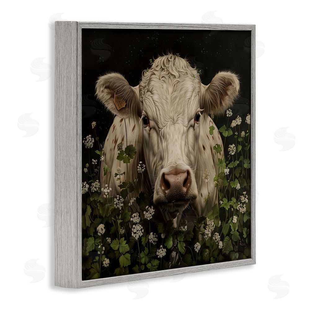 Creative Studio Cow in the Green Meadow Gray Framed Giclee Wall Art Print