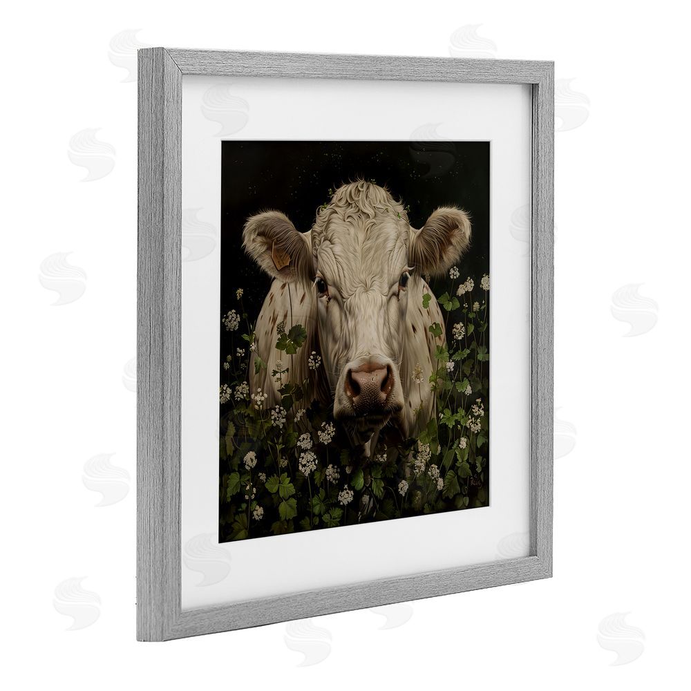 Creative Studio Cow in the Green Meadow Gray Framed Print Under Glass Wall Art