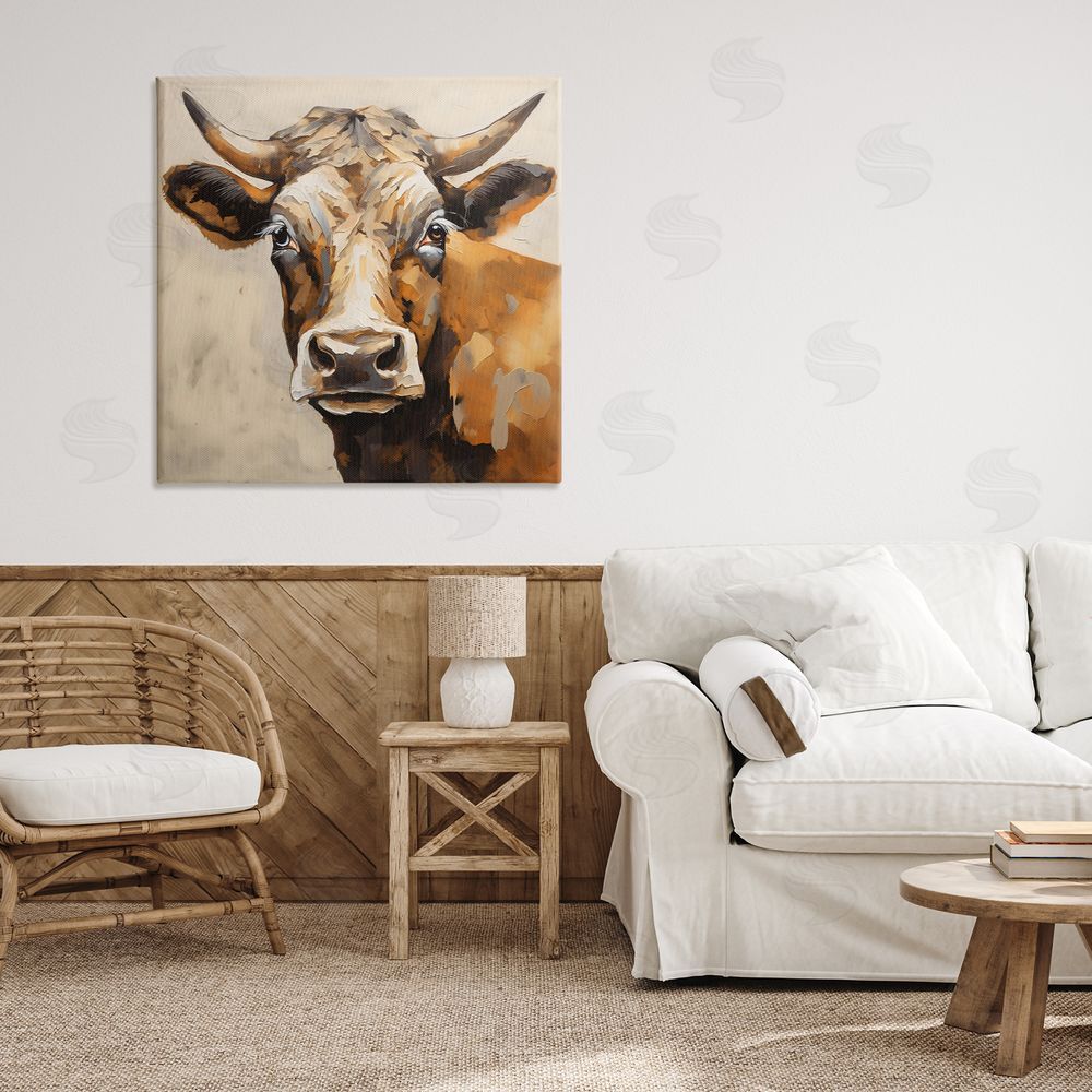 Creative Studio Beautiful Brown Bovine Stretched Canvas Wall Art Print in Room