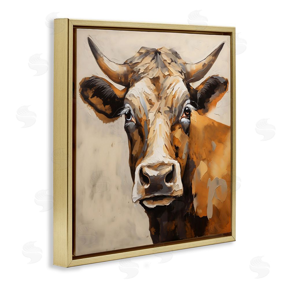 Creative Studio Beautiful Brown Bovine Gold Floating Frame Stretched Canvas Wall Art Print
