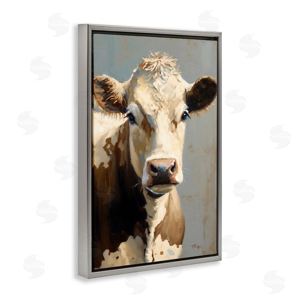 Creative Studio Farmhouse Cow with Gentle Gaze Gray Floating Framed Canvas Wall Art