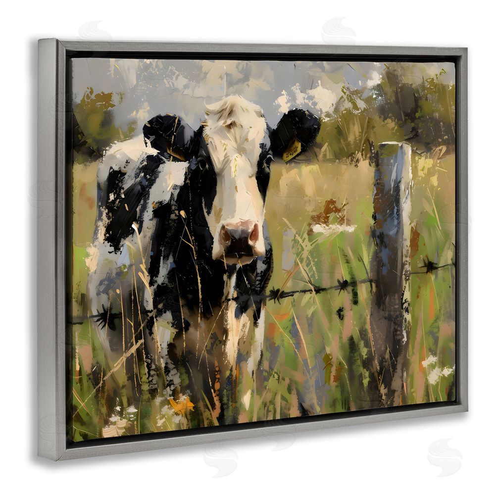Creative Studio Cow in Summer Pasture Gray Floating Frame Canvas Wall Art Print