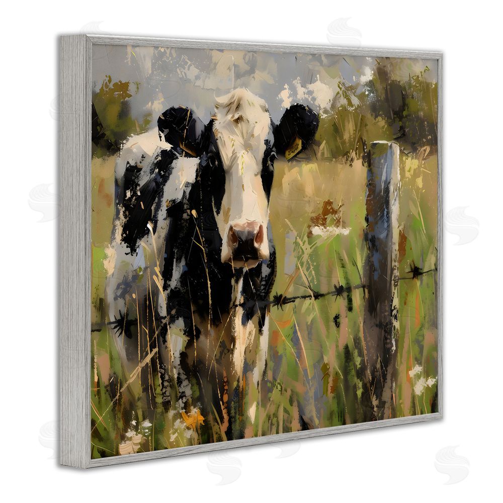 Creative Studio Cow in Summer Pasture Gray Framed Giclee Wall Art Print