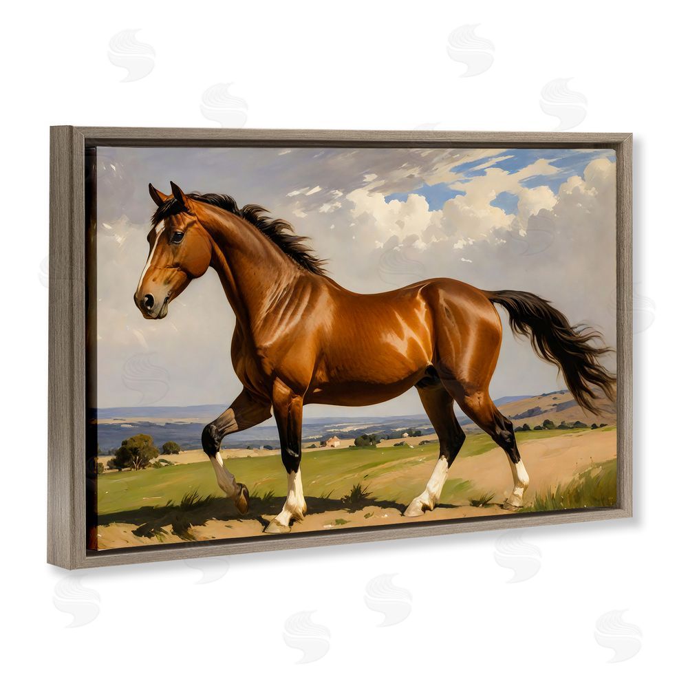Creative Studio Trotting Horse in Field Brown Floating Framed Canvas Wall Art Print