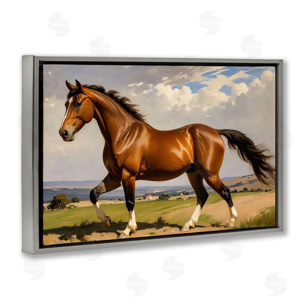 Creative Studio Trotting Horse in Field Gray Floating Framed Canvas Wall Art Print