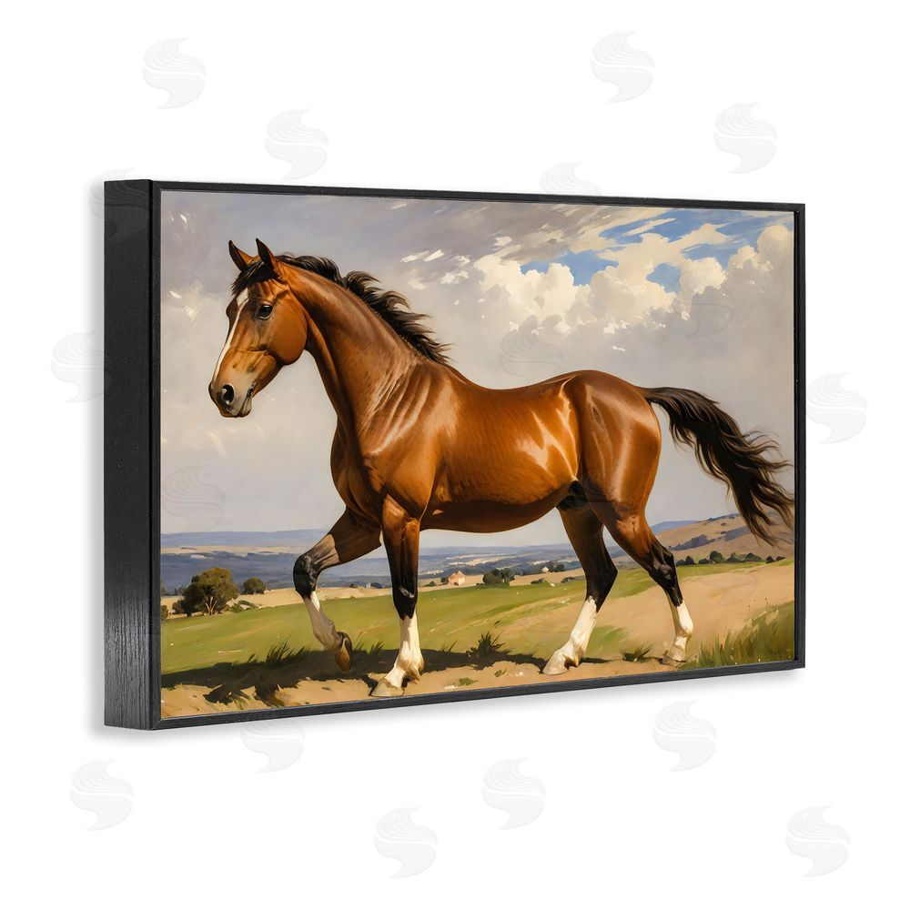 Creative Studio Trotting Horse in Field Black Framed Giclee Wall Art Print