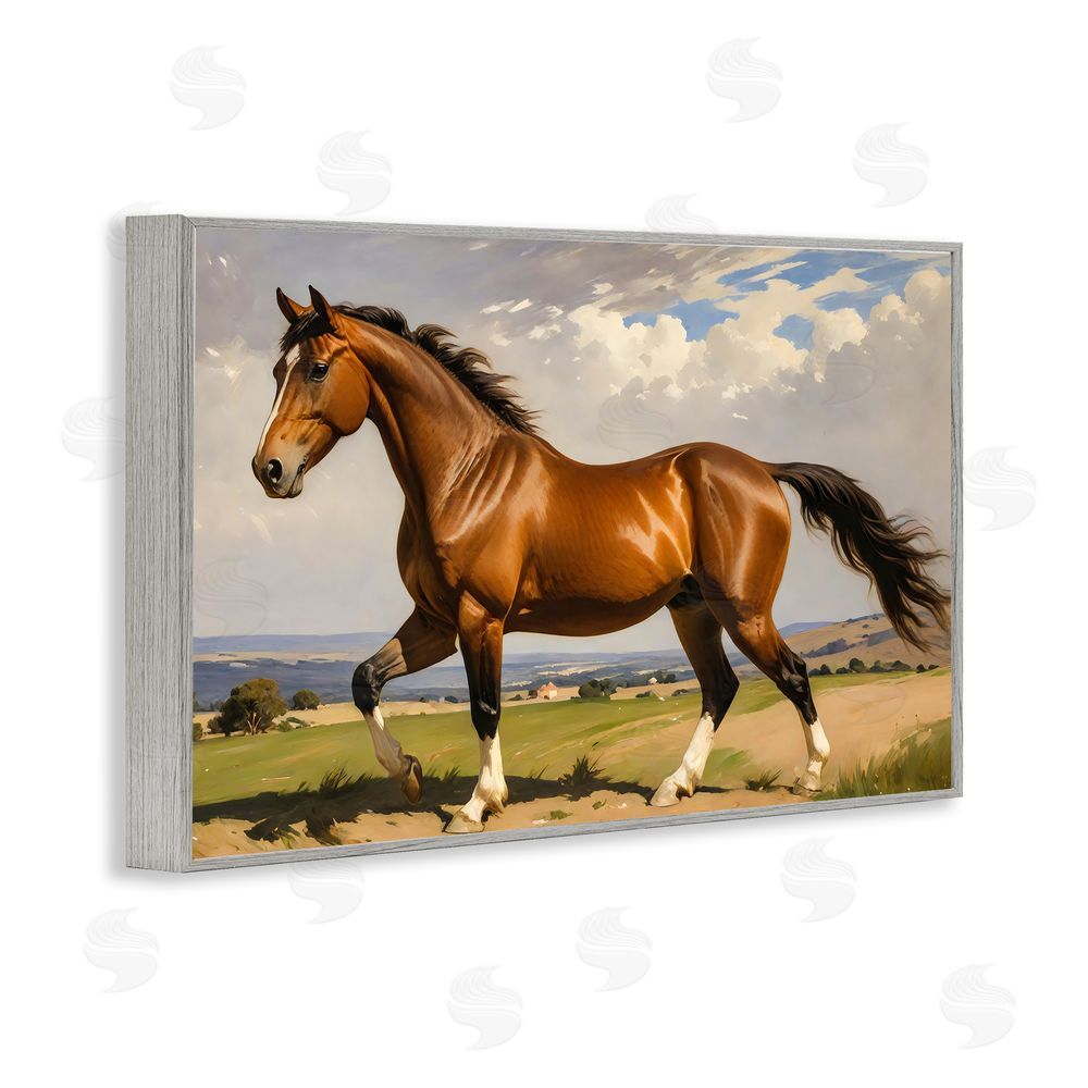 Creative Studio Trotting Horse in Field Gray Framed Giclee Wall Art Print
