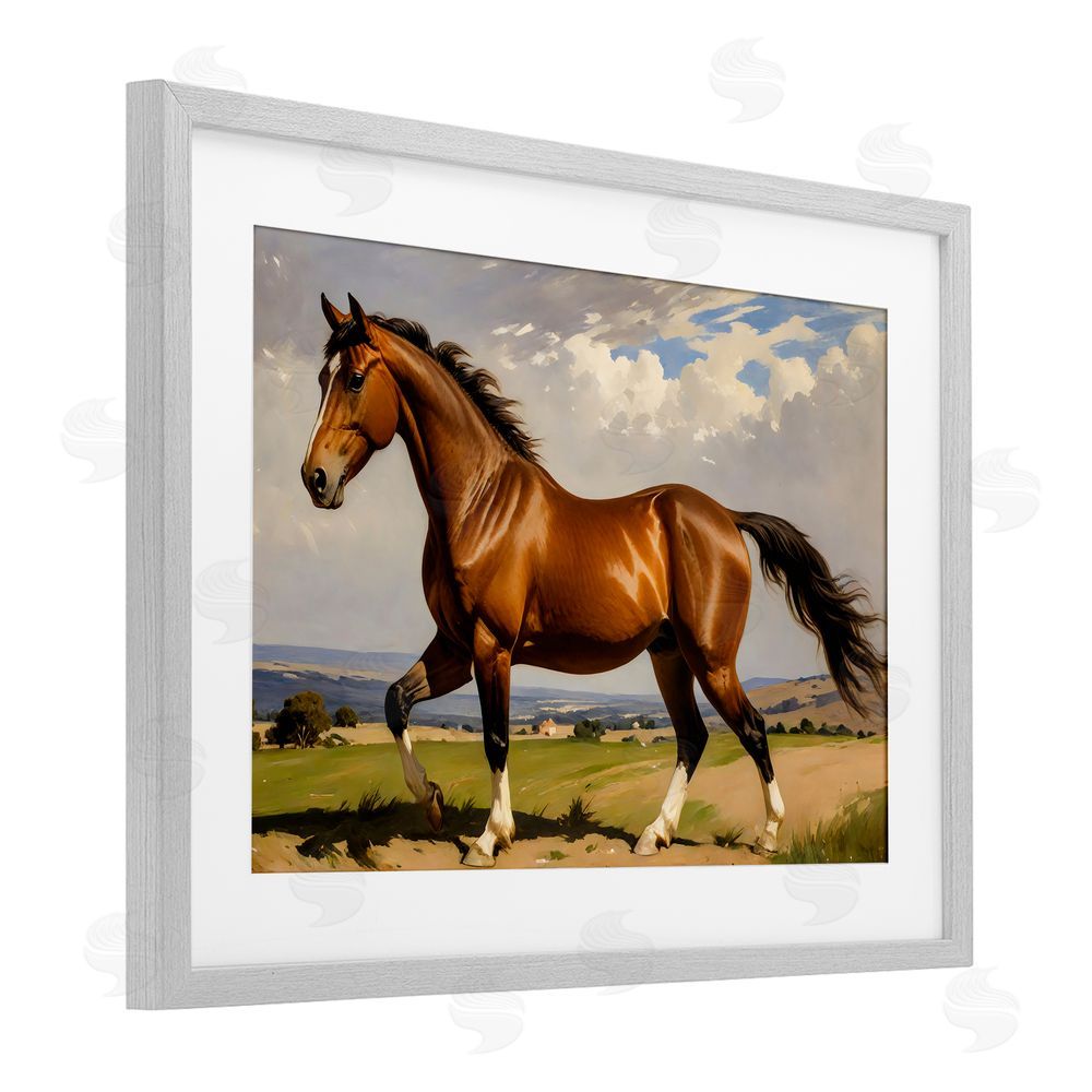 Creative Studio Trotting Horse in Field Gray Framed Print Under Glass with White Mat Wall Art
