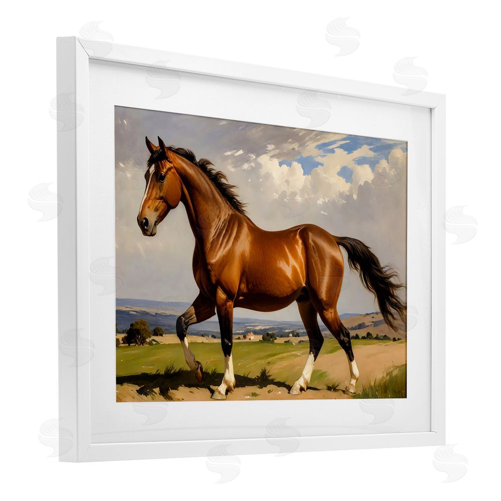 Creative Studio Trotting Horse in Field White Framed Print Under Glass with White Mat Wall Art